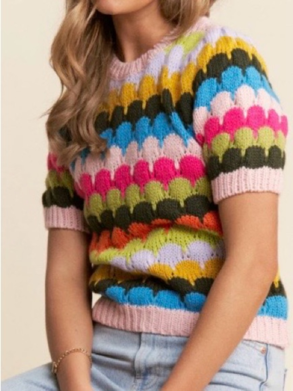 J. NNA Multicolor Fish Scales Pattern Knit Sweater Short Sleeve Top sz S NWT